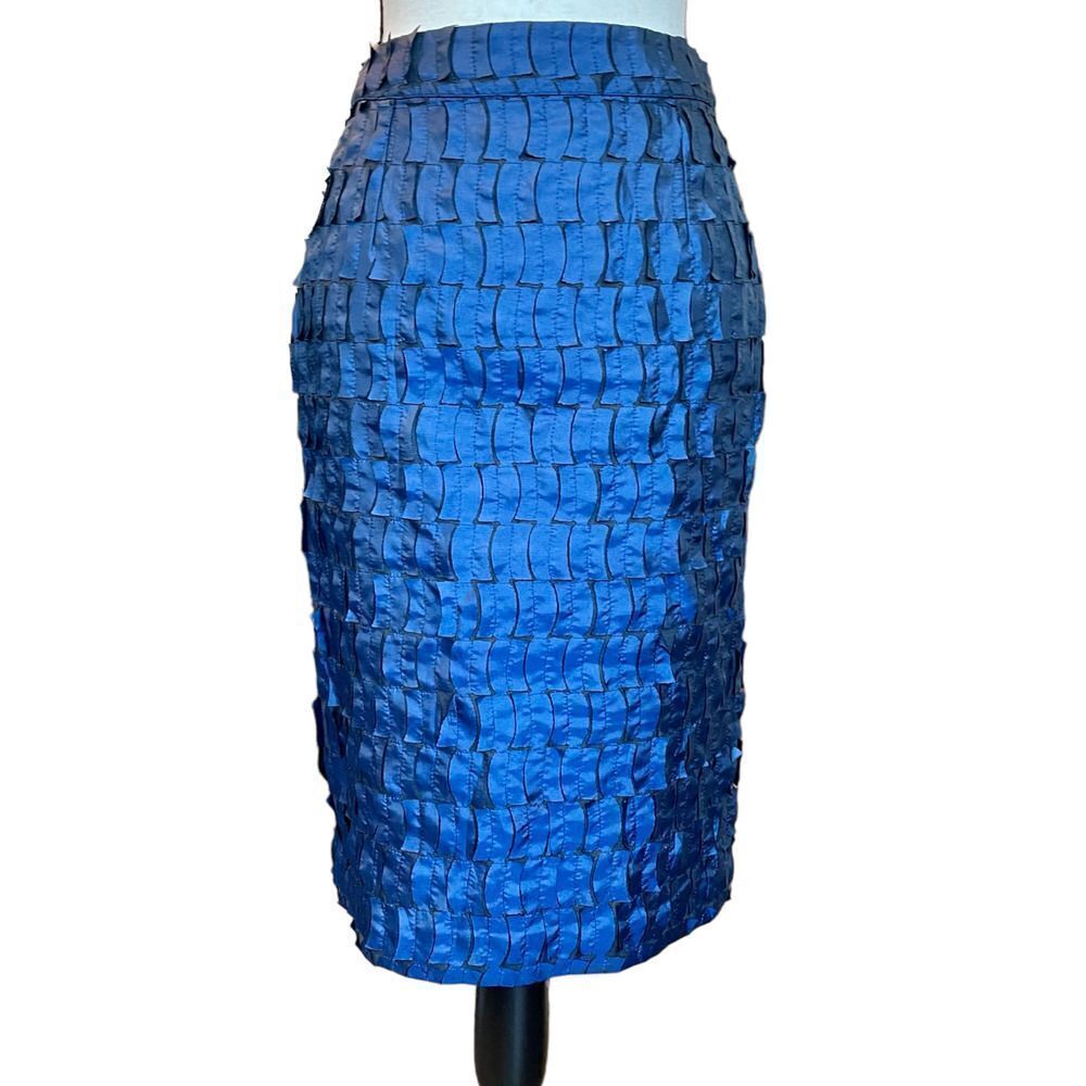 Krizia Poi Italy Womens Pencil Skirt Blue Black Linen Textured Knee Length XS